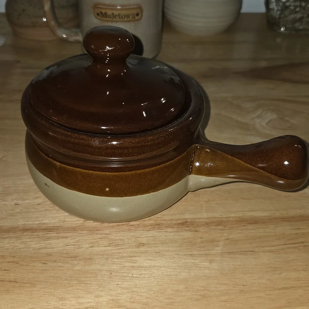 Antique Brown and Cream Ceramic Soup Bowl with Handle - Picture 2 of 9